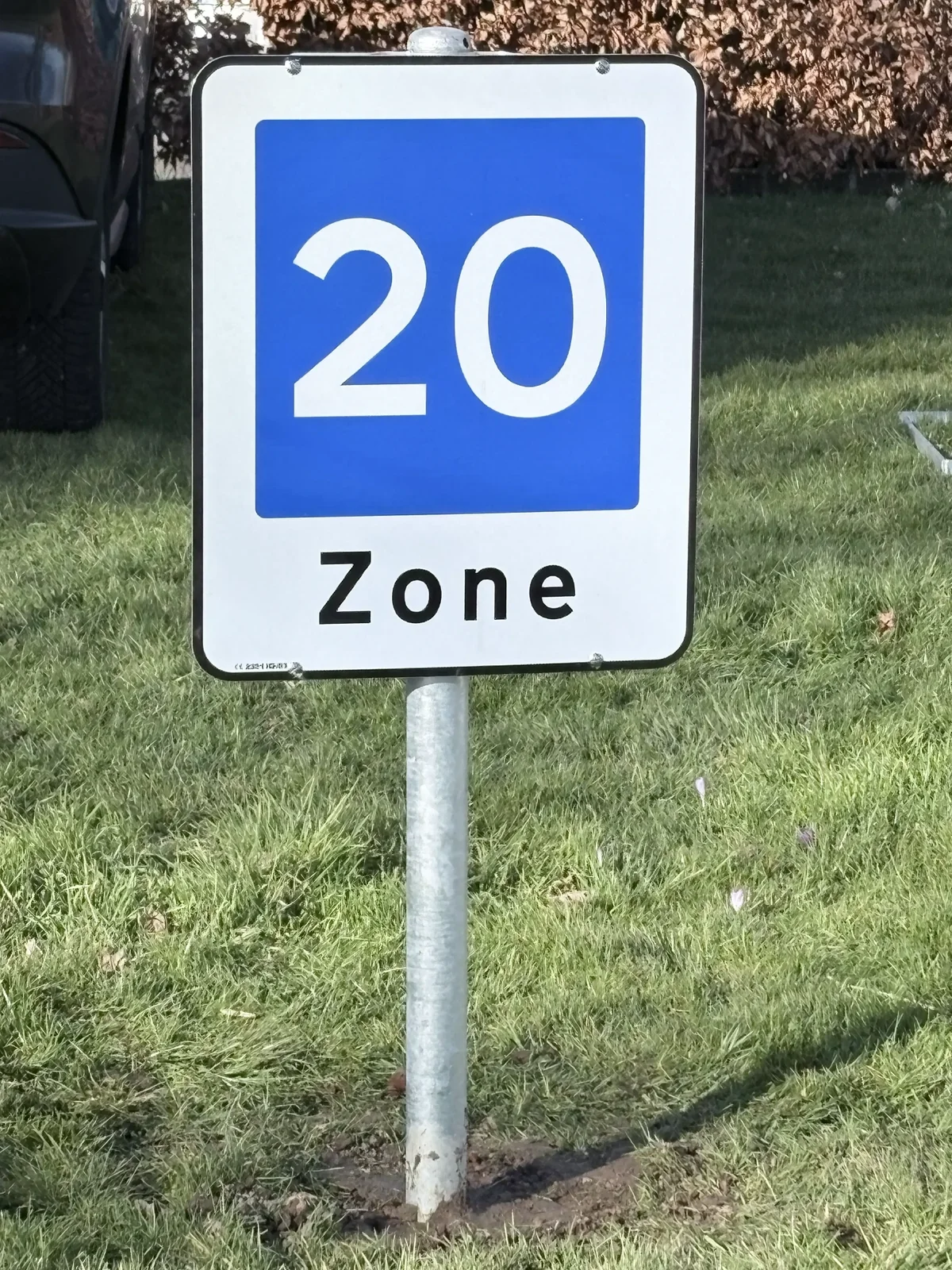 Hastighedsskilt med 20-zone på græsareal